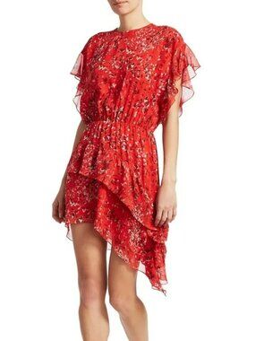 Iro Blame Red Printed Asymmetric Ruffle Mini Dress